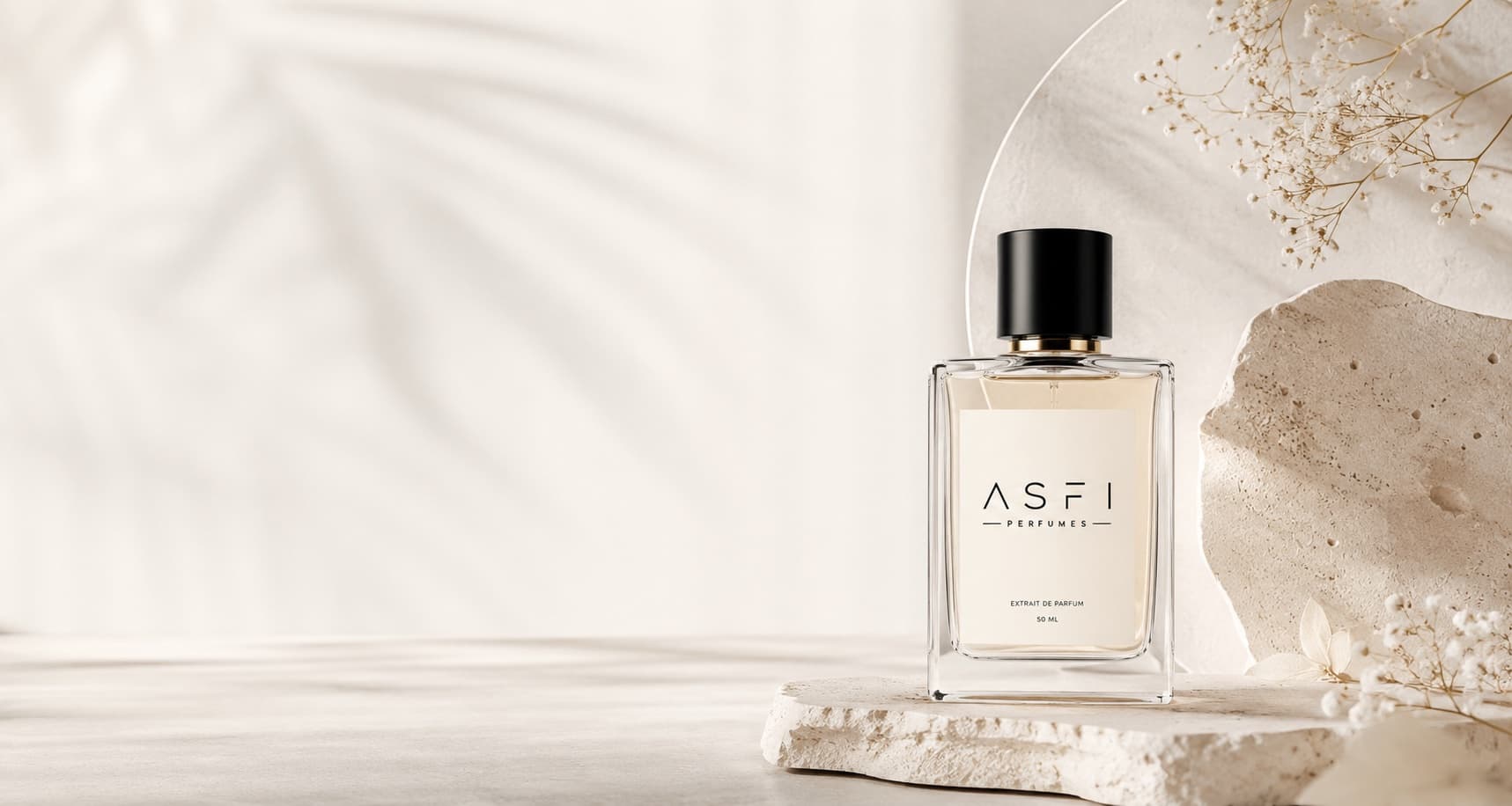 ASFI Perfumes signature bottle styled with warm botanical light