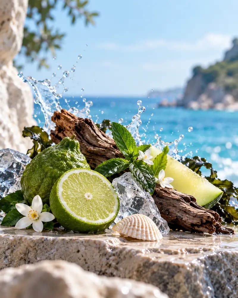 Aquatic fragrance notes — water ripples, sea salt and blue stones